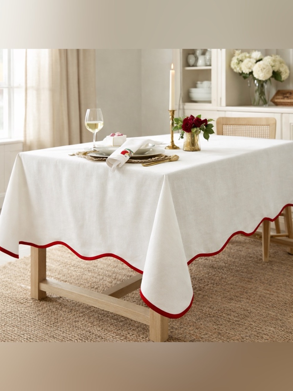 Threshold White Tablecloth Red Trim 60x84 Rectangular Cotton Linen Farmhouse NWT